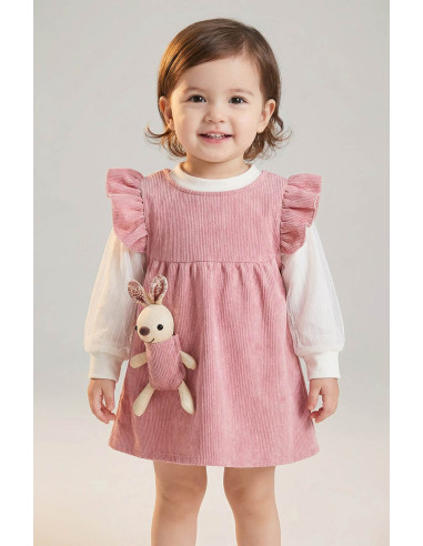 Rochita Fetite Roz din Catifea Reiata cu Iepuras de Plus Inclus si Bluza Alba Eleganta - Set 2 Piese