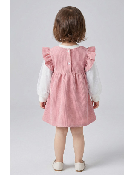 Rochita Fetite Roz din Catifea Reiata cu Iepuras de Plus Inclus si Bluza Alba Eleganta - Set 2 Piese