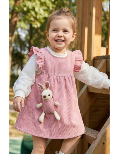 Rochita Fetite Roz din Catifea Reiata cu Iepuras de Plus Inclus si Bluza Alba Eleganta - Set 2 Piese