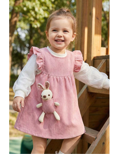 Rochita Fetite Roz din Catifea Reiata cu Iepuras de Plus Inclus si Bluza Alba Eleganta - Set 2 Piese