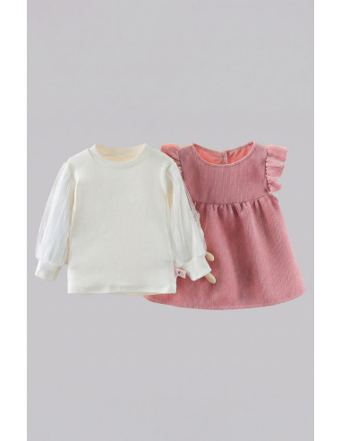 Rochita Fetite Roz din Catifea Reiata cu Iepuras de Plus Inclus si Bluza Alba Eleganta - Set 2 Piese