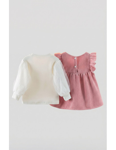 Rochita Fetite Roz din Catifea Reiata cu Iepuras de Plus Inclus si Bluza Alba Eleganta - Set 2 Piese