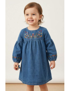 Rochie Fetite din Denim cu Broderie Florala Delicata si Maneci Bufante - Stil Casual si Elegant