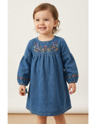 Rochie Fetite din Denim cu Broderie Florala Delicata si Maneci Bufante - Stil Casual si Elegant