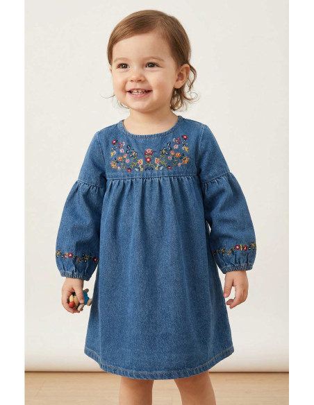 Rochie Fetite din Denim cu Broderie Florala Delicata si Maneci Bufante - Stil Casual si Elegant