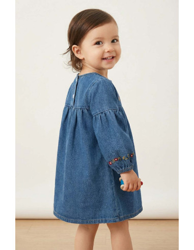 Rochie Fetite din Denim cu Broderie Florala Delicata si Maneci Bufante - Stil Casual si Elegant
