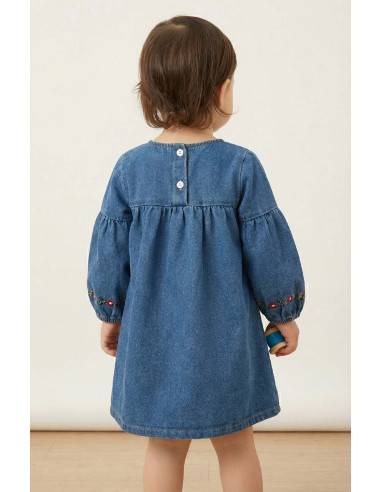 Rochie Fetite din Denim cu Broderie Florala Delicata si Maneci Bufante - Stil Casual si Elegant