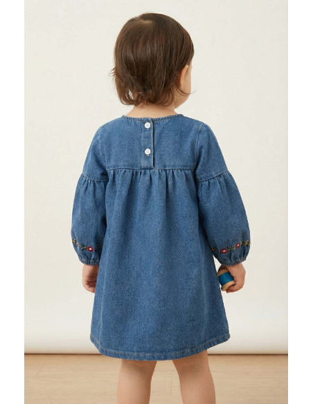 Rochie Fetite din Denim cu Broderie Florala Delicata si Maneci Bufante - Stil Casual si Elegant