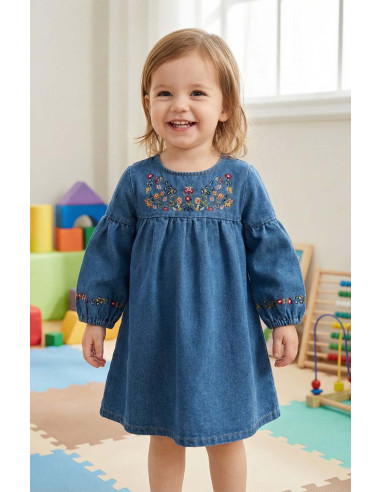 Rochie Fetite din Denim cu Broderie Florala Delicata si Maneci Bufante - Stil Casual si Elegant