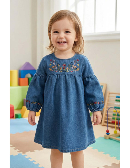 Rochie Fetite din Denim cu Broderie Florala Delicata si Maneci Bufante - Stil Casual si Elegant