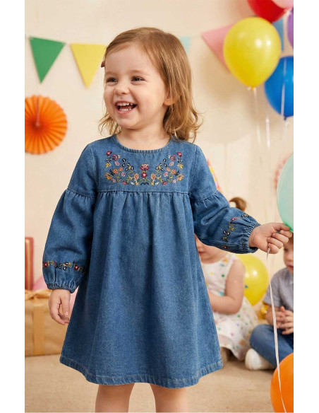 Rochie Fetite din Denim cu Broderie Florala Delicata si Maneci Bufante - Stil Casual si Elegant