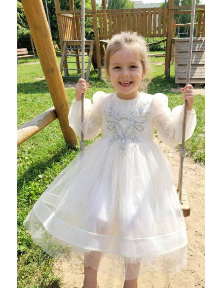 Rochie Fete Eleganta de Ocazie, cu Aplicatii de Perle, Fusta Voluminoasa din Tul si Maneci Bufante