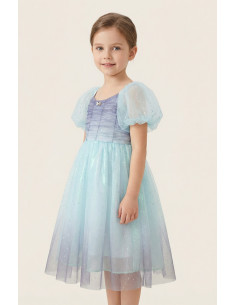 Rochie Fetite Eleganta de Printesa, Model Ombre Mov-Bleu cu Tulle Stralucitor si Maneci Bufante