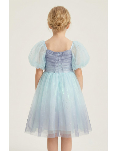 Rochie Fetite Eleganta de Printesa, Model Ombre Mov-Bleu cu Tulle Stralucitor si Maneci Bufante