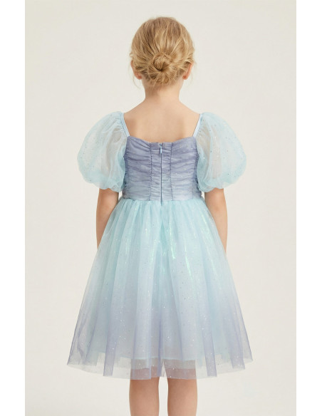 Rochie Fetite Eleganta de Printesa, Model Ombre Mov-Bleu cu Tulle Stralucitor si Maneci Bufante