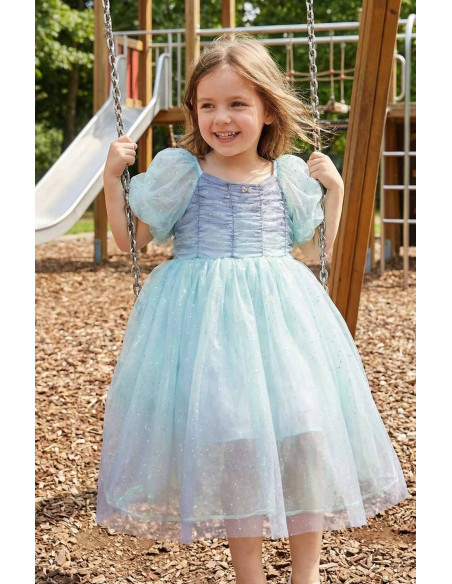 Rochie Fetite Eleganta de Printesa, Model Ombre Mov-Bleu cu Tulle Stralucitor si Maneci Bufante