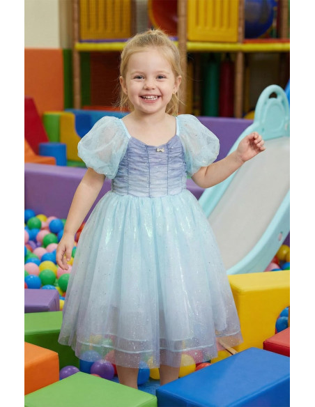 Rochie Fetite Eleganta de Printesa, Model Ombre Mov-Bleu cu Tulle Stralucitor si Maneci Bufante