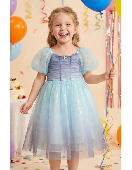 Rochie Fetite Eleganta de Printesa, Model Ombre Mov-Bleu cu Tulle Stralucitor si Maneci Bufante