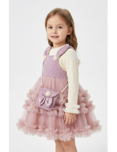 Set Rochita Fetite Eleganta de Ocazie din Tulle Roz cu Detalii Iepuras, Bluza Crem si Gentuta Asortata