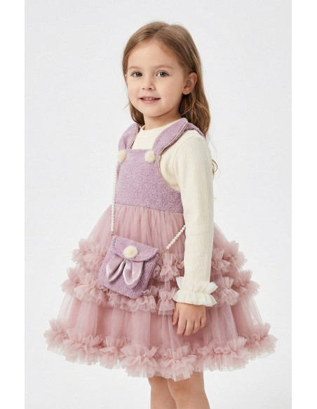 Set Rochita Fetite Eleganta de Ocazie din Tulle Roz cu Detalii Iepuras, Bluza Crem si Gentuta Asortata