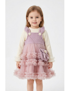Set Rochita Fetite Eleganta de Ocazie din Tulle Roz cu Detalii Iepuras, Bluza Crem si Gentuta Asortata 2