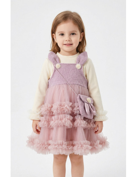 Set Rochita Fetite Eleganta de Ocazie din Tulle Roz cu Detalii Iepuras, Bluza Crem si Gentuta Asortata