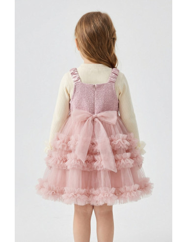 Set Rochita Fetite Eleganta de Ocazie din Tulle Roz cu Detalii Iepuras, Bluza Crem si Gentuta Asortata