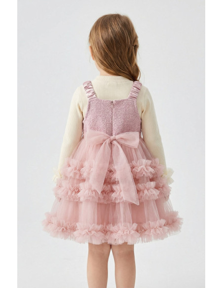 Set Rochita Fetite Eleganta de Ocazie din Tulle Roz cu Detalii Iepuras, Bluza Crem si Gentuta Asortata