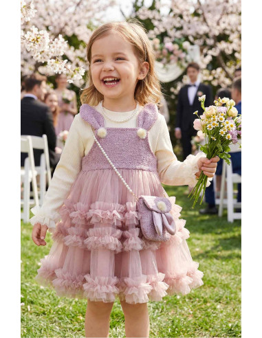 Set Rochita Fetite Eleganta de Ocazie din Tulle Roz cu Detalii Iepuras, Bluza Crem si Gentuta Asortata