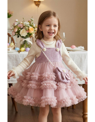 Set Rochita Fetite Eleganta de Ocazie din Tulle Roz cu Detalii Iepuras, Bluza Crem si Gentuta Asortata