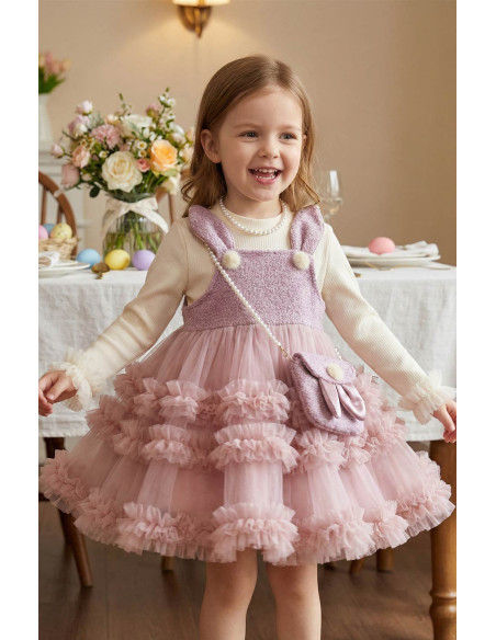 Set Rochita Fetite Eleganta de Ocazie din Tulle Roz cu Detalii Iepuras, Bluza Crem si Gentuta Asortata