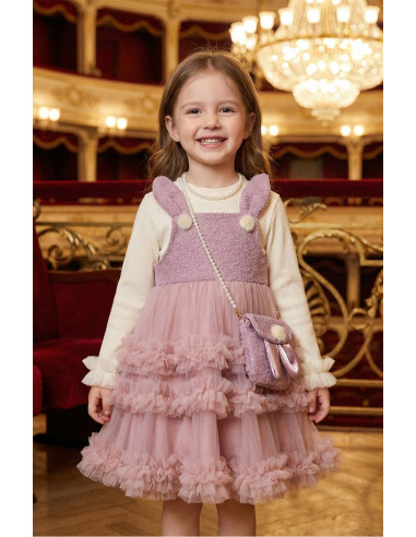 Set Rochita Fetite Eleganta de Ocazie din Tulle Roz cu Detalii Iepuras, Bluza Crem si Gentuta Asortata