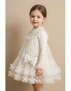 Rochita Fete Set Ivory Elegant de Ocazie pentru Fete din Tul cu Paiete, Bluza Reiata si Gentuta Funda cu Perle