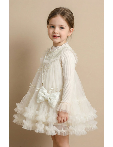 Rochita Fete Set Ivory Elegant de Ocazie pentru Fete din Tul cu Paiete, Bluza Reiata si Gentuta Funda cu Perle