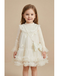 Rochita Fete Set Ivory Elegant de Ocazie pentru Fete din Tul cu Paiete, Bluza Reiata si Gentuta Funda cu Perle 2