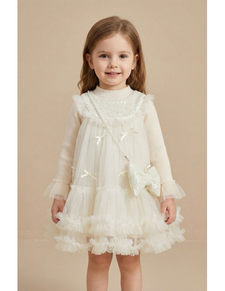 Rochita Fete Set Ivory Elegant de Ocazie pentru Fete din Tul cu Paiete, Bluza Reiata si Gentuta Funda cu Perle