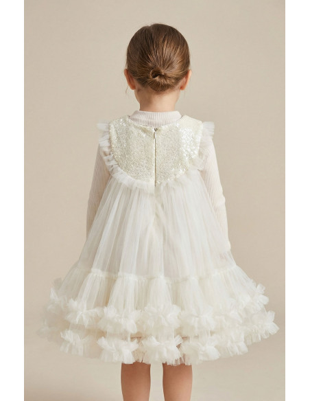 Rochita Fete Set Ivory Elegant de Ocazie pentru Fete din Tul cu Paiete, Bluza Reiata si Gentuta Funda cu Perle