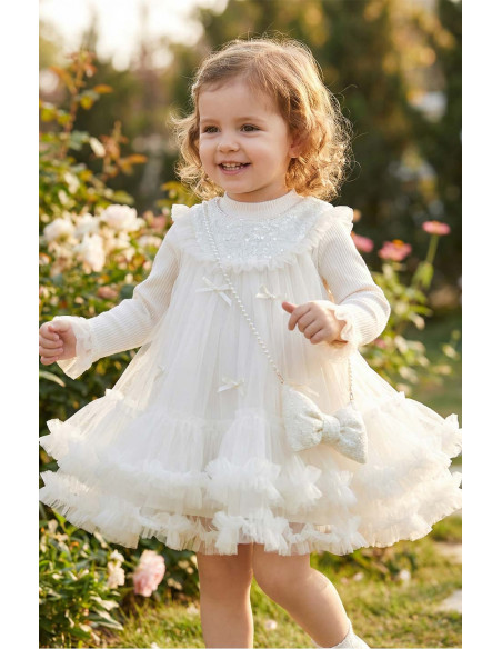 Rochita Fete Set Ivory Elegant de Ocazie pentru Fete din Tul cu Paiete, Bluza Reiata si Gentuta Funda cu Perle
