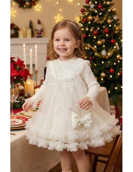 Rochita Fete Set Ivory Elegant de Ocazie pentru Fete din Tul cu Paiete, Bluza Reiata si Gentuta Funda cu Perle