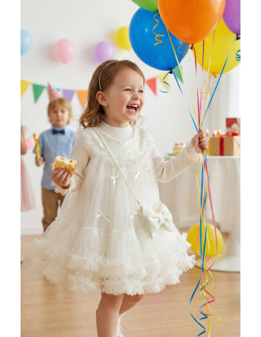 Rochita Fete Set Ivory Elegant de Ocazie pentru Fete din Tul cu Paiete, Bluza Reiata si Gentuta Funda cu Perle