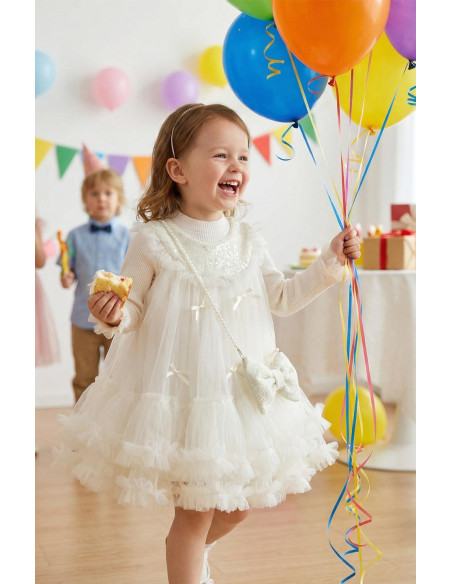 Rochita Fete Set Ivory Elegant de Ocazie pentru Fete din Tul cu Paiete, Bluza Reiata si Gentuta Funda cu Perle