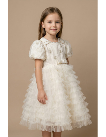 Rochita Fetite Eleganta de Gala cu Broderie Inimi Aurii si Fusta Voluminoasa din Tulle Multi-stratificat