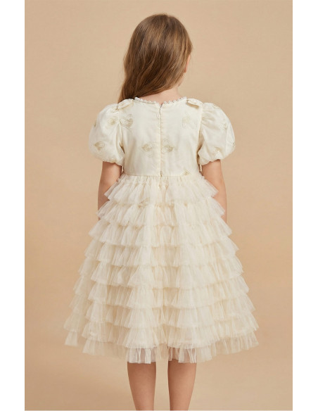 Rochita Fetite Eleganta de Gala cu Broderie Inimi Aurii si Fusta Voluminoasa din Tulle Multi-stratificat