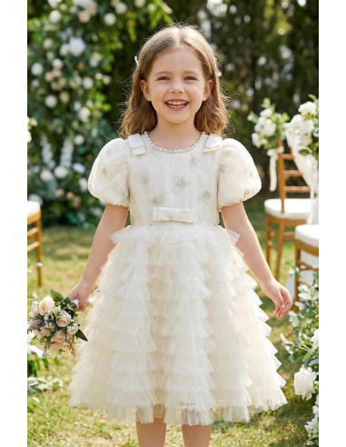 Rochita Fetite Eleganta de Gala cu Broderie Inimi Aurii si Fusta Voluminoasa din Tulle Multi-stratificat