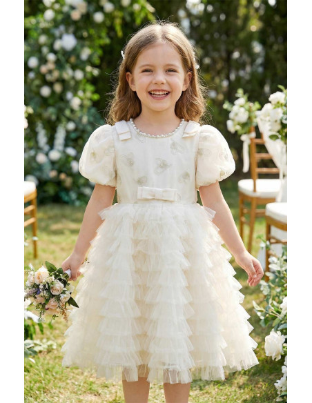 Rochita Fetite Eleganta de Gala cu Broderie Inimi Aurii si Fusta Voluminoasa din Tulle Multi-stratificat