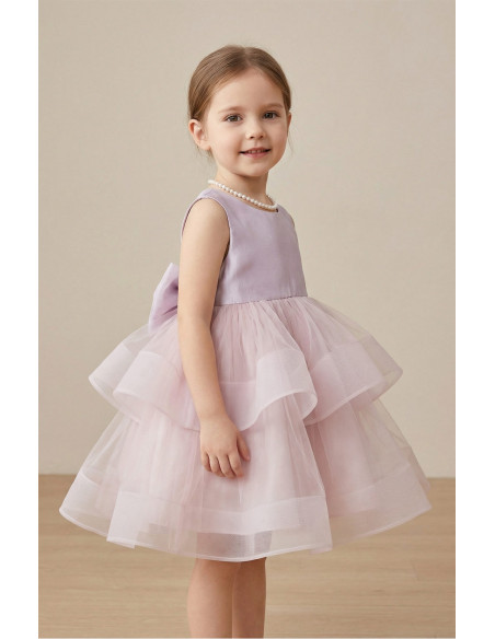 Rochie Fetite de Ocazie model Princess, Mov Liliac cu Tulle Stratificat si Funda Gigant la Spate, Eleganta si Rafinata