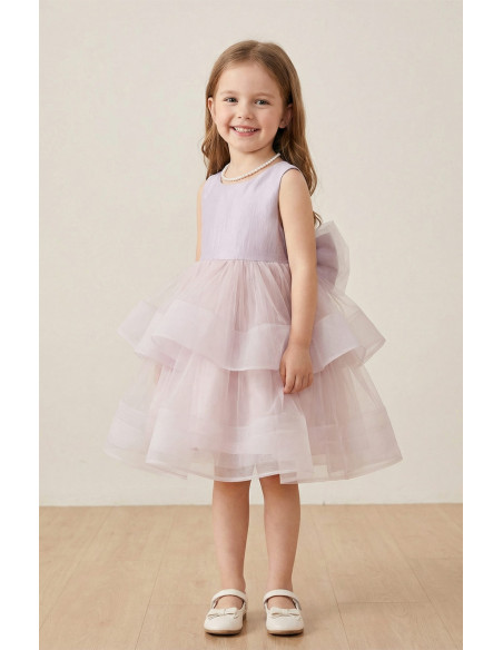 Rochie Fetite de Ocazie model Princess, Mov Liliac cu Tulle Stratificat si Funda Gigant la Spate, Eleganta si Rafinata
