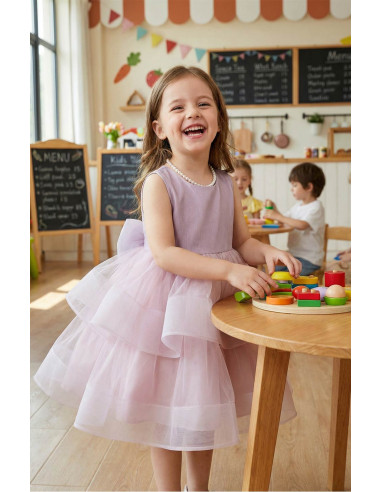 Rochie Fetite de Ocazie model Princess, Mov Liliac cu Tulle Stratificat si Funda Gigant la Spate, Eleganta si Rafinata