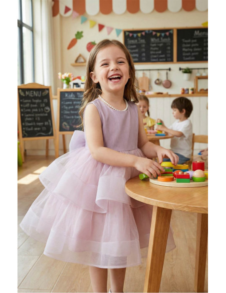 Rochie Fetite de Ocazie model Princess, Mov Liliac cu Tulle Stratificat si Funda Gigant la Spate, Eleganta si Rafinata