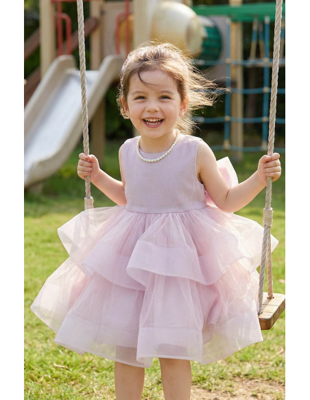 Rochie Fetite de Ocazie model Princess, Mov Liliac cu Tulle Stratificat si Funda Gigant la Spate, Eleganta si Rafinata